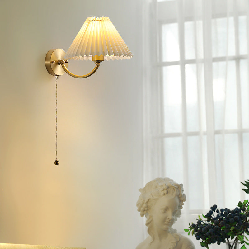 Modern Minimalist Round Cone Curved Rod Fabric Shade Full Copper Frame 1-Light Wall Sconce Lamp For Living Room