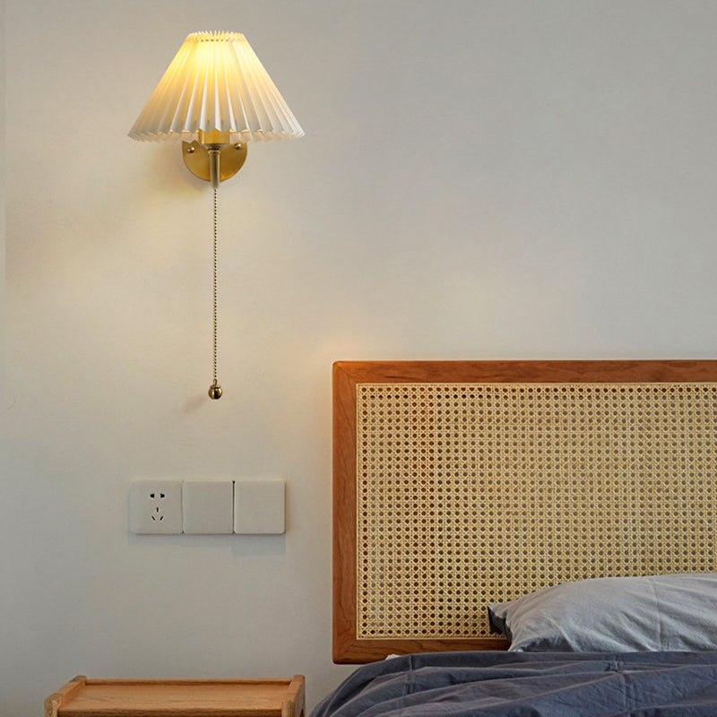 Modern Minimalist Round Cone Curved Rod Fabric Shade Full Copper Frame 1-Light Wall Sconce Lamp For Living Room