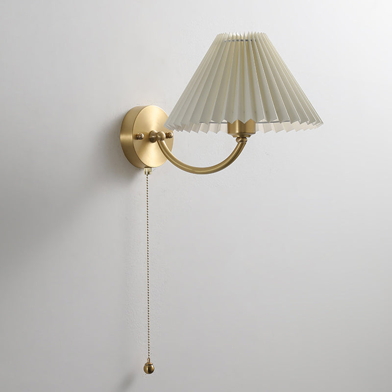 Modern Minimalist Round Cone Curved Rod Fabric Shade Full Copper Frame 1-Light Wall Sconce Lamp For Living Room