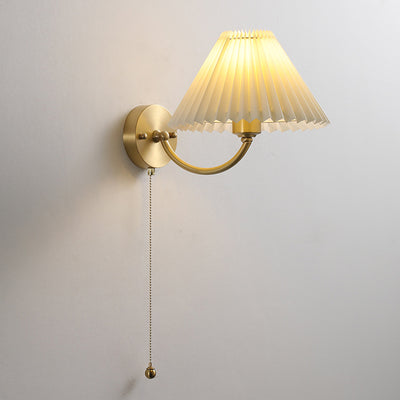 Modern Minimalist Round Cone Curved Rod Fabric Shade Full Copper Frame 1-Light Wall Sconce Lamp For Living Room