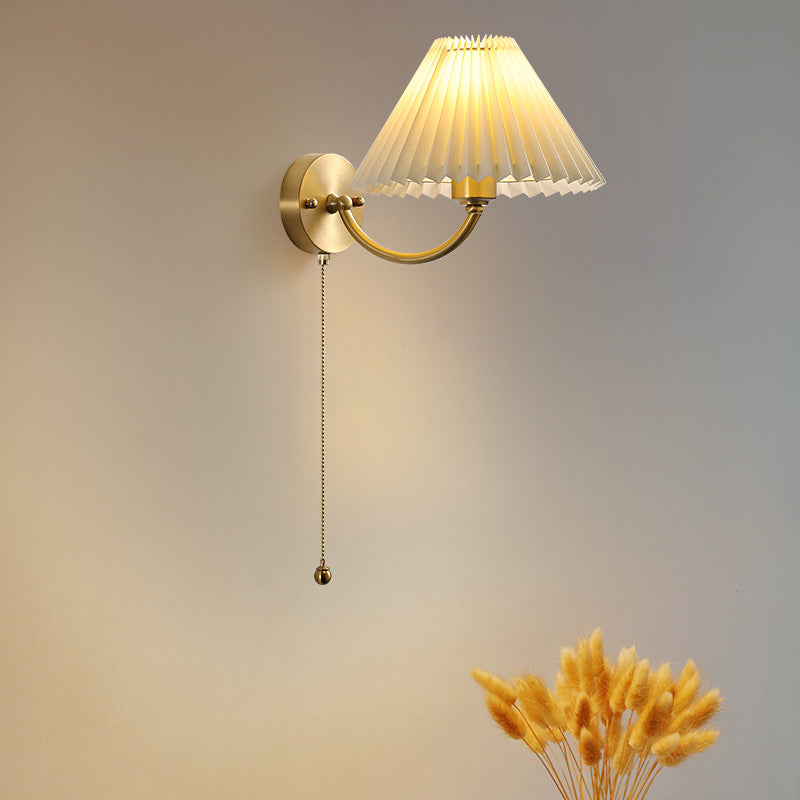 Modern Minimalist Round Cone Curved Rod Fabric Shade Full Copper Frame 1-Light Wall Sconce Lamp For Living Room
