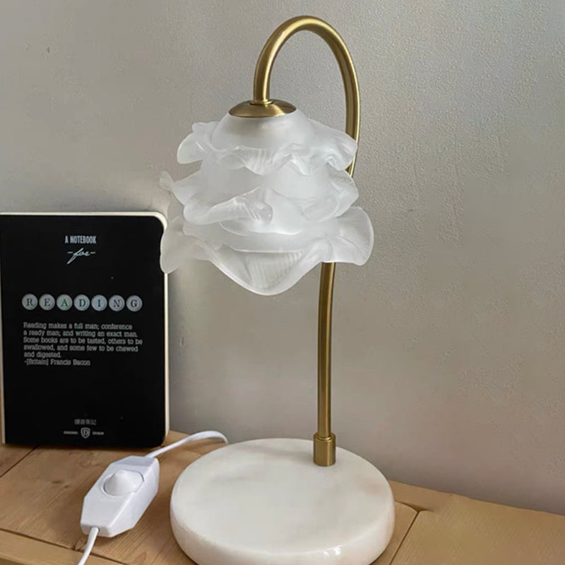 Moderne Minimalistische Gebogene Stange Blumen Marmor Basis Eisenrahmen Glasschirm 1-Licht Aroma Schmelzwachs Tischlampe Für Schlafzimmer 