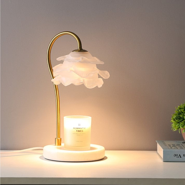 Moderne Minimalistische Gebogene Stange Blumen Marmor Basis Eisenrahmen Glasschirm 1-Licht Aroma Schmelzwachs Tischlampe Für Schlafzimmer 