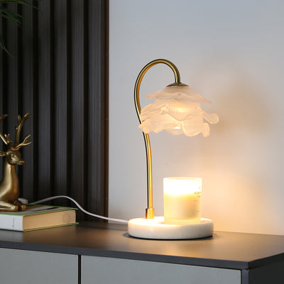 Moderne Minimalistische Gebogene Stange Blumen Marmor Basis Eisenrahmen Glasschirm 1-Licht Aroma Schmelzwachs Tischlampe Für Schlafzimmer 