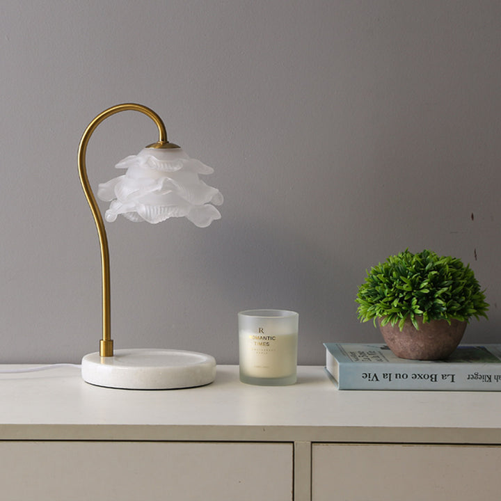 Moderne Minimalistische Gebogene Stange Blumen Marmor Basis Eisenrahmen Glasschirm 1-Licht Aroma Schmelzwachs Tischlampe Für Schlafzimmer 