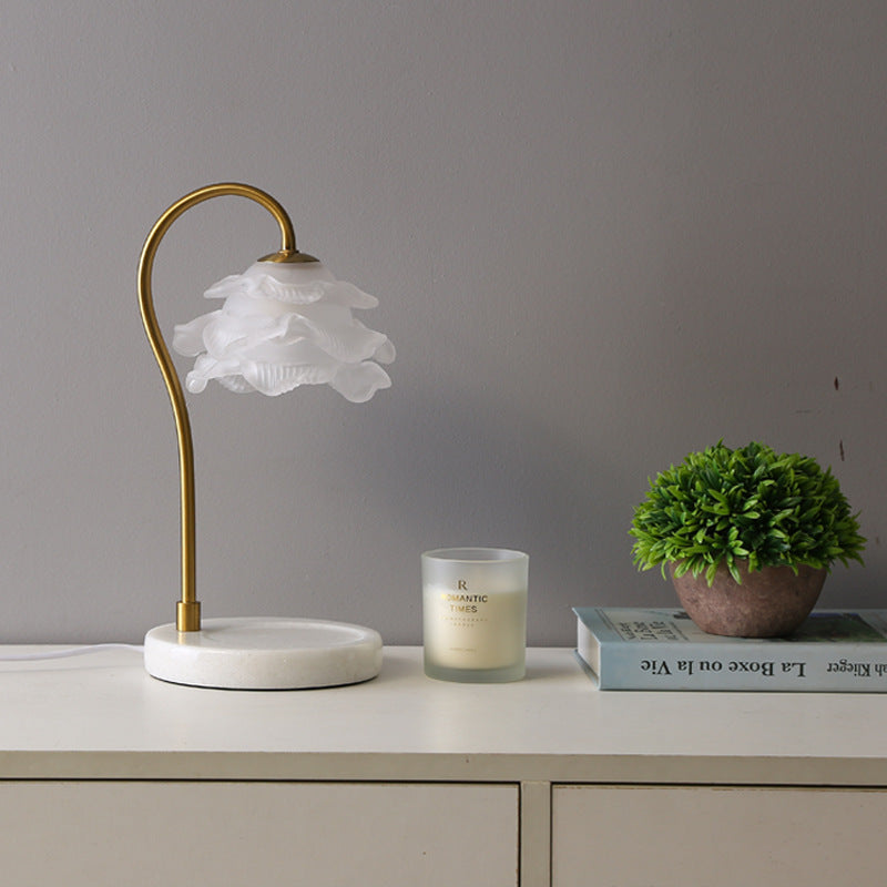 Moderne Minimalistische Gebogene Stange Blumen Marmor Basis Eisenrahmen Glasschirm 1-Licht Aroma Schmelzwachs Tischlampe Für Schlafzimmer 