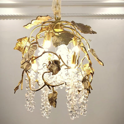 Lustre moderne de luxe avec branche d'arbre, feuille, cristal, chaîne en cuivre massif à 5 lumières pour salon 