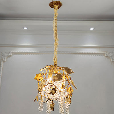 Lustre moderne de luxe avec branche d'arbre, feuille, cristal, chaîne en cuivre massif à 5 lumières pour salon 