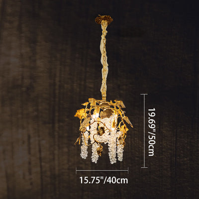 Lustre moderne de luxe avec branche d'arbre, feuille, cristal, chaîne en cuivre massif à 5 lumières pour salon 