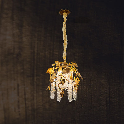 Lustre moderne de luxe avec branche d'arbre, feuille, cristal, chaîne en cuivre massif à 5 lumières pour salon 