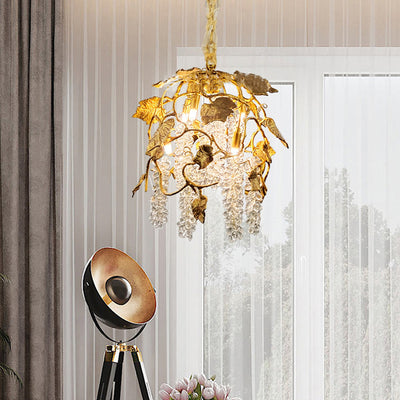 Lustre moderne de luxe avec branche d'arbre, feuille, cristal, chaîne en cuivre massif à 5 lumières pour salon 
