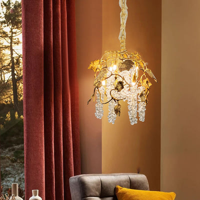 Lustre moderne de luxe avec branche d'arbre, feuille, cristal, chaîne en cuivre massif à 5 lumières pour salon 