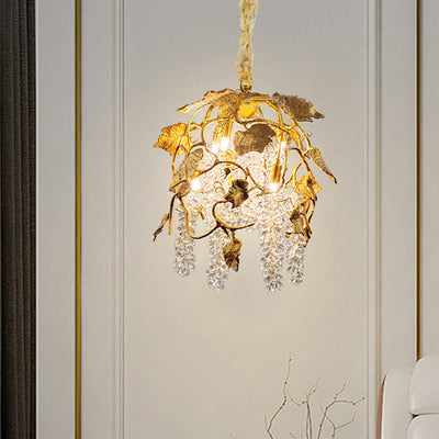 Lustre moderne de luxe avec branche d'arbre, feuille, cristal, chaîne en cuivre massif à 5 lumières pour salon 