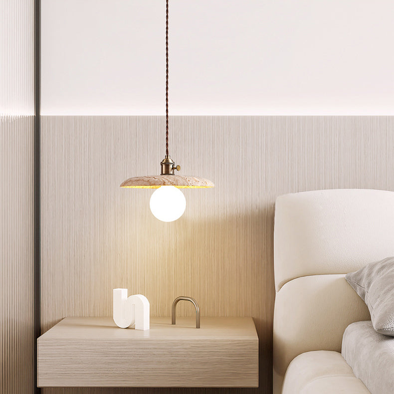 Moderne minimalistische runde Scheibe Gelber Travertin 1-Licht Pendelleuchte für das Schlafzimmer 