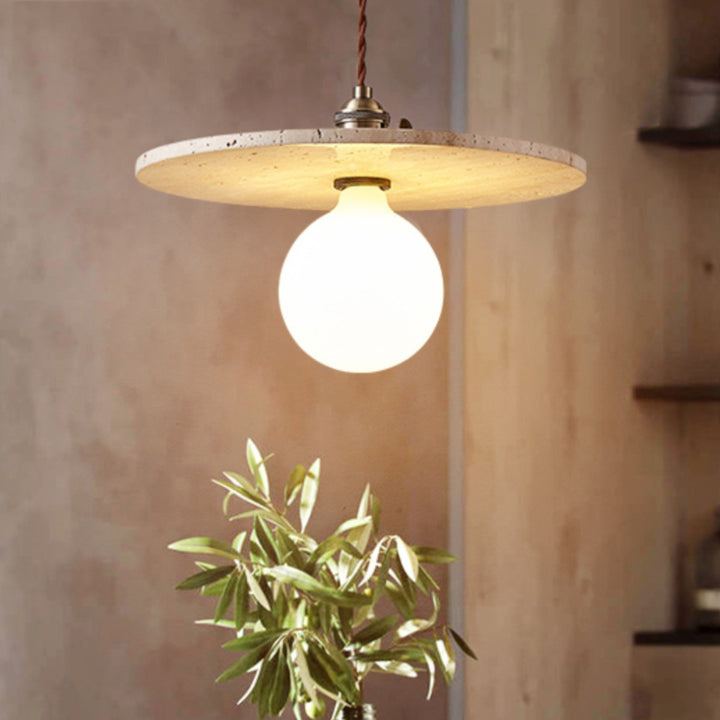 Moderne minimalistische runde Scheibe Gelber Travertin 1-Licht Pendelleuchte für das Schlafzimmer 