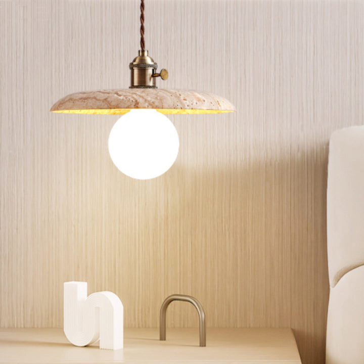 Moderne minimalistische runde Scheibe Gelber Travertin 1-Licht Pendelleuchte für das Schlafzimmer 