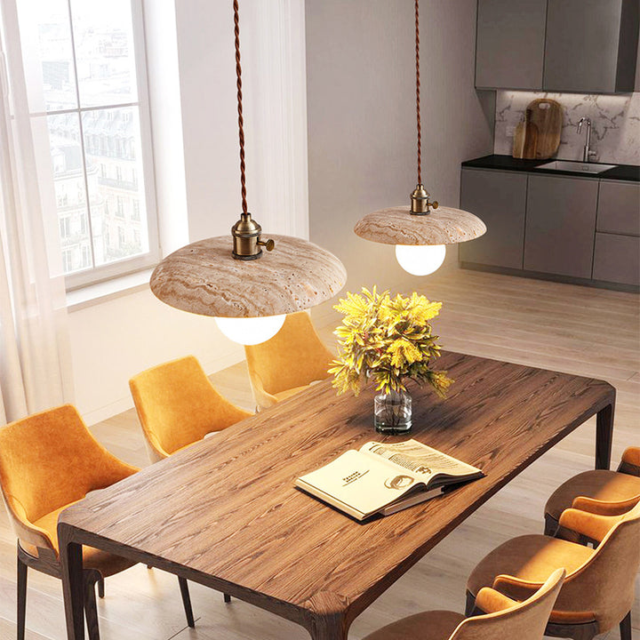Moderne minimalistische runde Scheibe Gelber Travertin 1-Licht Pendelleuchte für das Schlafzimmer 