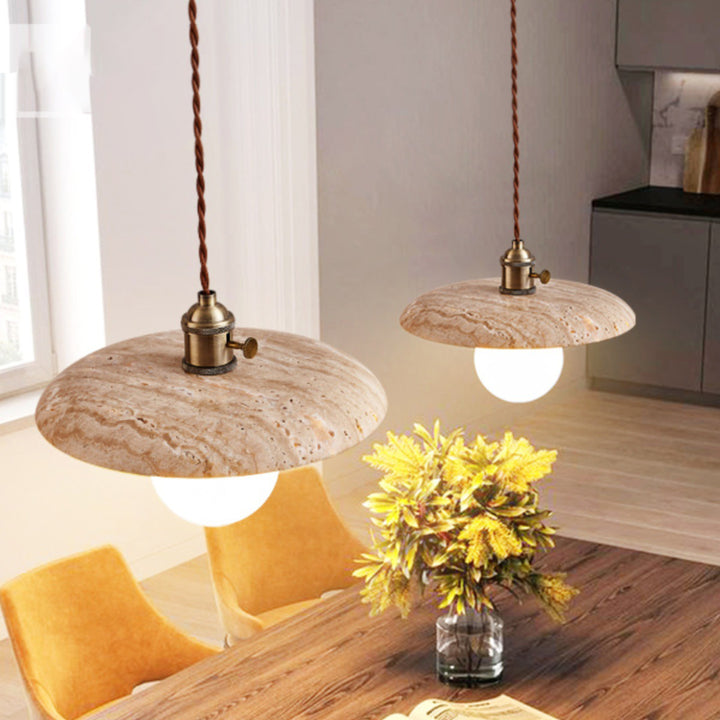 Moderne minimalistische runde Scheibe Gelber Travertin 1-Licht Pendelleuchte für das Schlafzimmer 