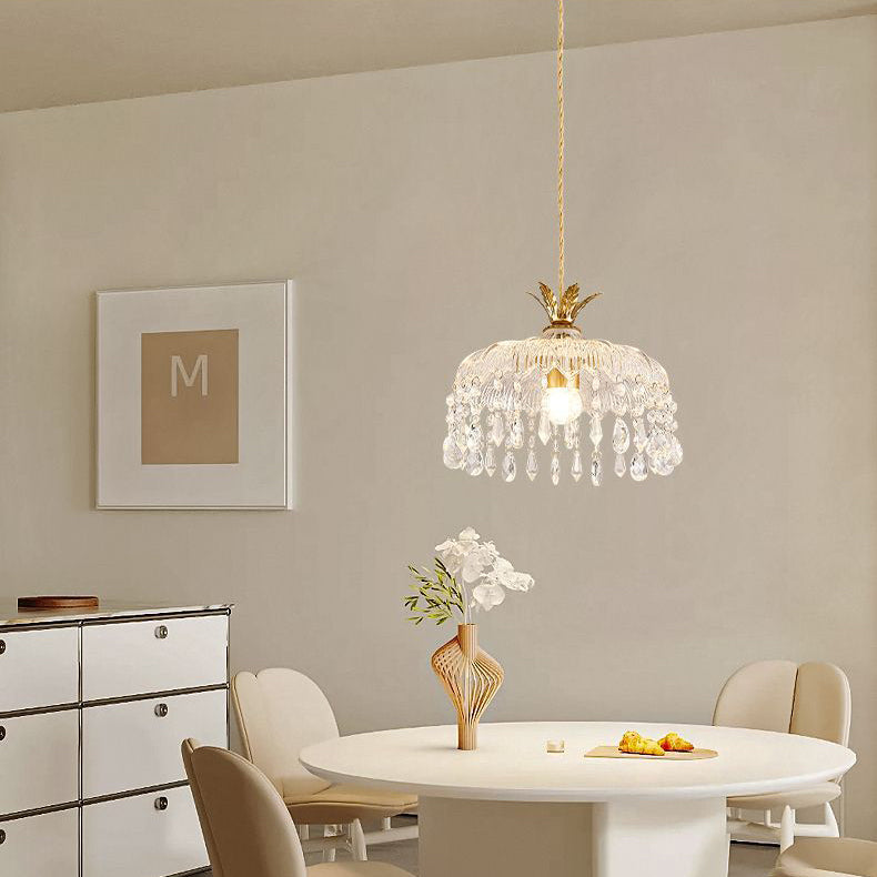 Moderne Luxus Runde Kuppel Eisen Kristall String Glas Schirm 1-Licht Pendelleuchte Für Wohnzimmer 