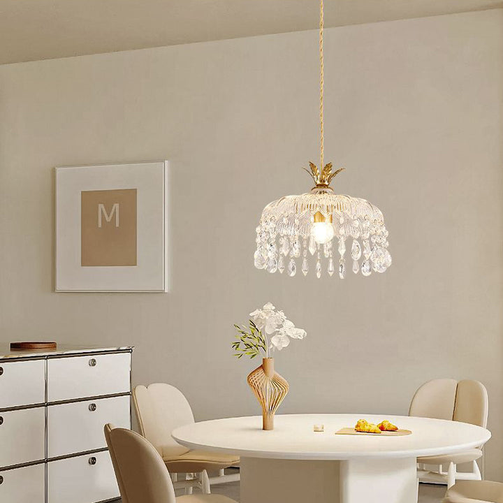 Moderne Luxus Runde Kuppel Eisen Kristall String Glas Schirm 1-Licht Pendelleuchte Für Wohnzimmer 