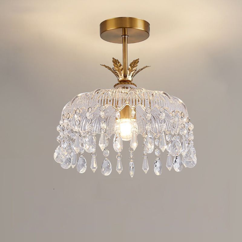 Moderne Luxus Runde Kuppel Eisen Kristall String Glas Schirm 1-Licht Pendelleuchte Für Wohnzimmer 