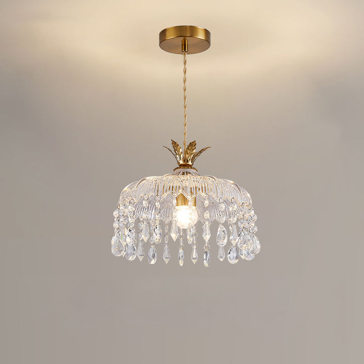Moderne Luxus Runde Kuppel Eisen Kristall String Glas Schirm 1-Licht Pendelleuchte Für Wohnzimmer 