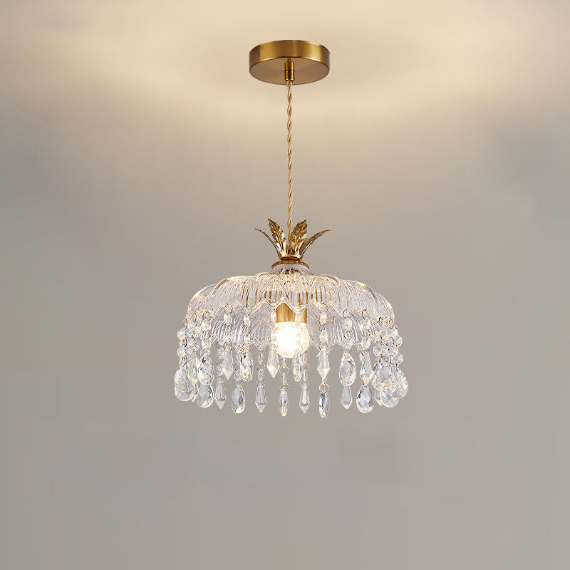 Moderne Luxus Runde Kuppel Eisen Kristall String Glas Schirm 1-Licht Pendelleuchte Für Wohnzimmer 