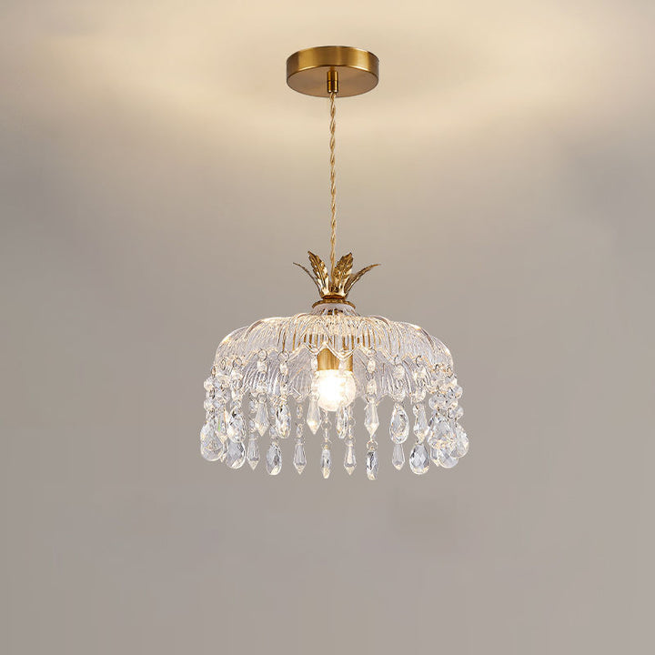 Moderne Luxus Runde Kuppel Eisen Kristall String Glas Schirm 1-Licht Pendelleuchte Für Wohnzimmer 