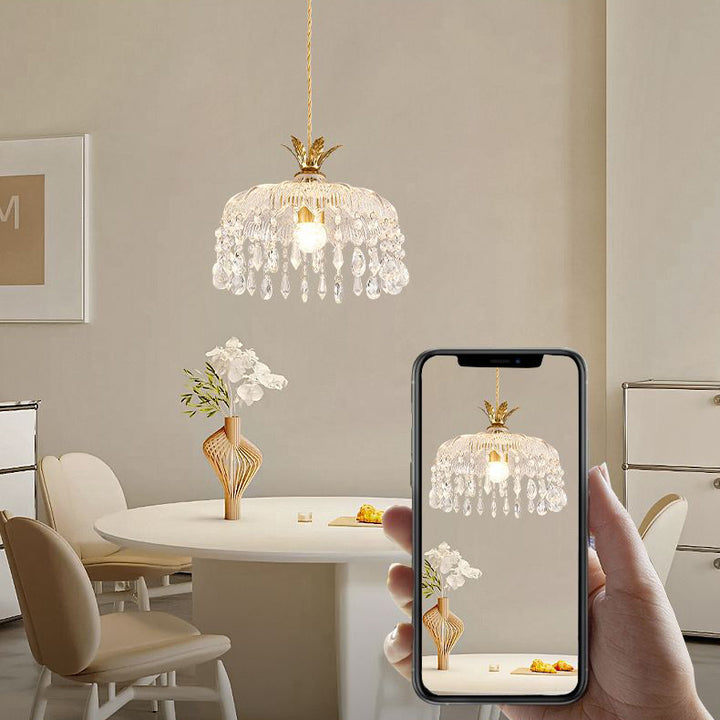 Moderne Luxus Runde Kuppel Eisen Kristall String Glas Schirm 1-Licht Pendelleuchte Für Wohnzimmer 