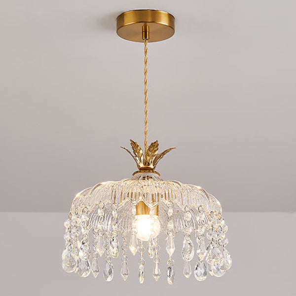 Moderne Luxus Runde Kuppel Eisen Kristall String Glas Schirm 1-Licht Pendelleuchte Für Wohnzimmer 