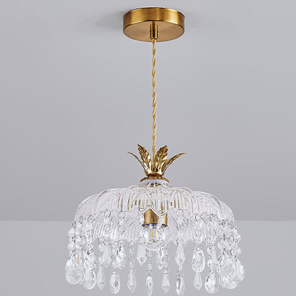 Moderne Luxus Runde Kuppel Eisen Kristall String Glas Schirm 1-Licht Pendelleuchte Für Wohnzimmer 