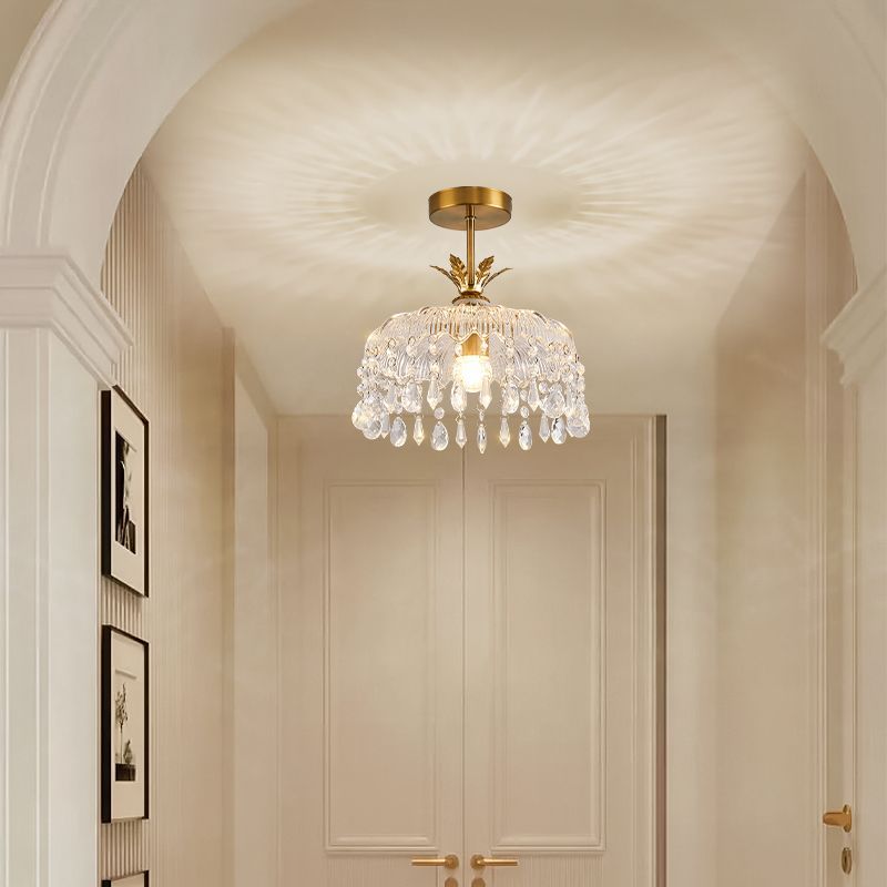 Moderne Luxus Runde Kuppel Eisen Kristall String Glas Schirm 1-Licht Pendelleuchte Für Wohnzimmer 