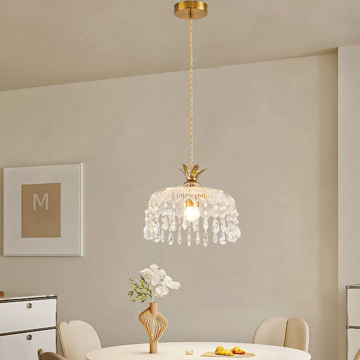 Moderne Luxus Runde Kuppel Eisen Kristall String Glas Schirm 1-Licht Pendelleuchte Für Wohnzimmer 