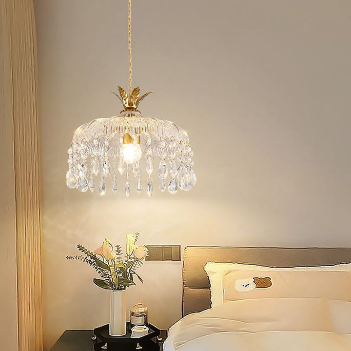 Moderne Luxus Runde Kuppel Eisen Kristall String Glas Schirm 1-Licht Pendelleuchte Für Wohnzimmer 