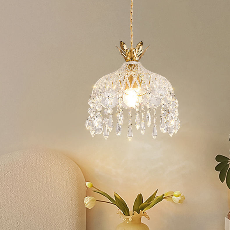 Moderne Luxus Runde Kuppel Eisen Kristall String Glas Schirm 1-Licht Pendelleuchte Für Wohnzimmer 