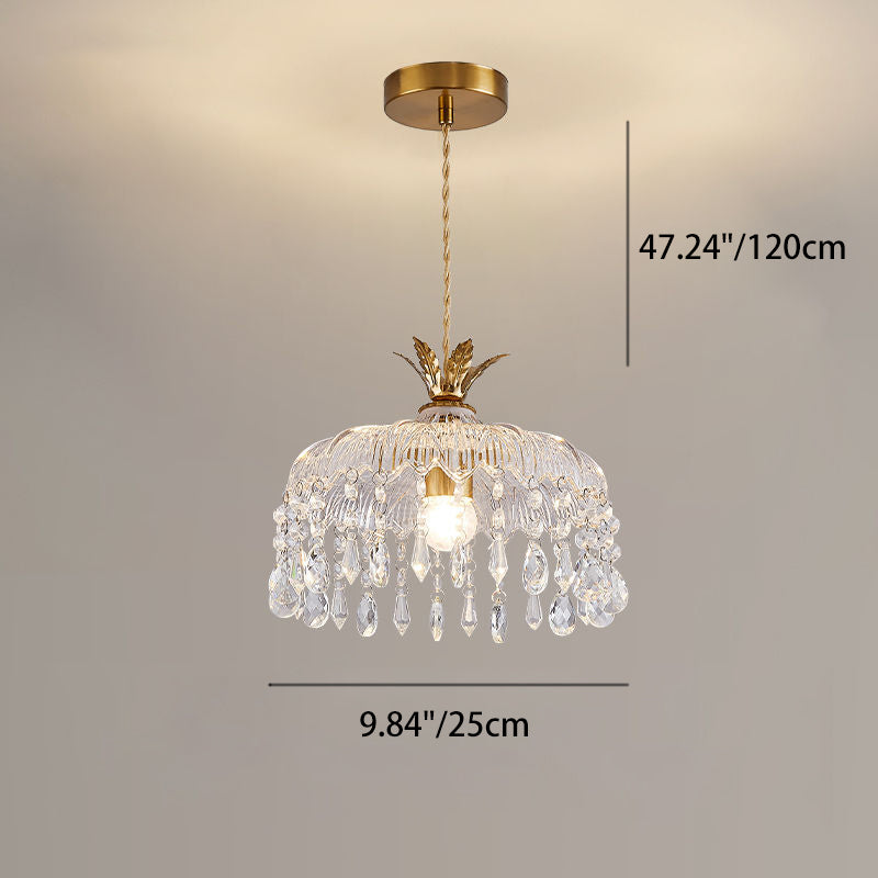 Moderne Luxus Runde Kuppel Eisen Kristall String Glas Schirm 1-Licht Pendelleuchte Für Wohnzimmer 