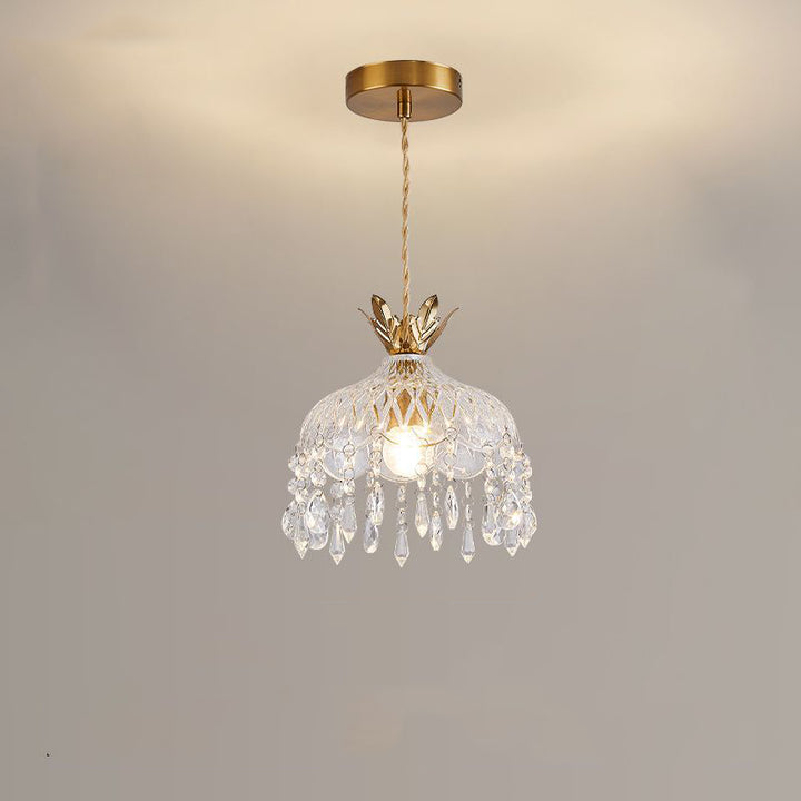 Moderne Luxus Runde Kuppel Eisen Kristall String Glas Schirm 1-Licht Pendelleuchte Für Wohnzimmer 