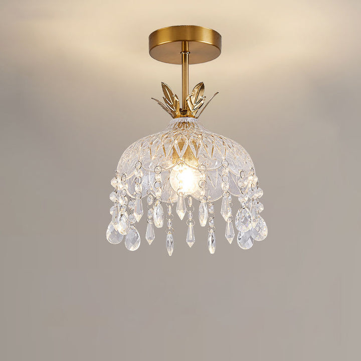 Moderne Luxus Runde Kuppel Eisen Kristall String Glas Schirm 1-Licht Pendelleuchte Für Wohnzimmer 