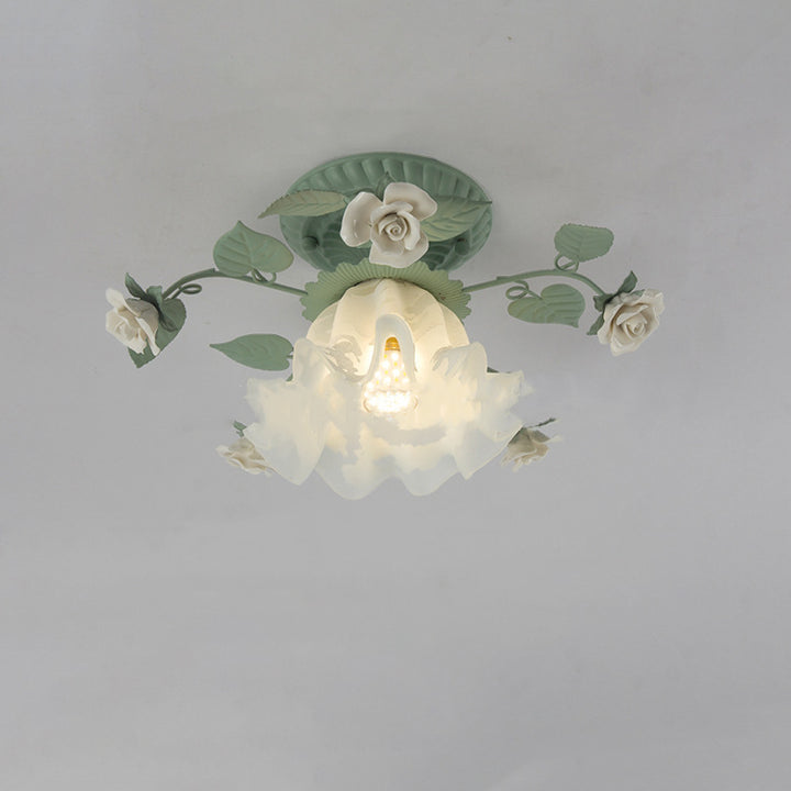 Traditional French Bellflower Leaf Iron Ceramic Glass Shade 1-Light Semi-Flush Mount Ceiling Light For Living Room