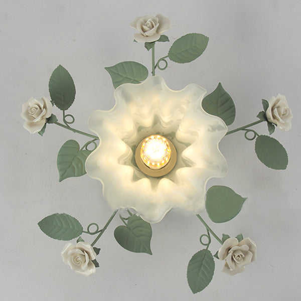 Luz de techo empotrada de 1 luz con pantalla de vidrio cerámico de hierro con hoja de campanilla francesa tradicional para sala de estar 