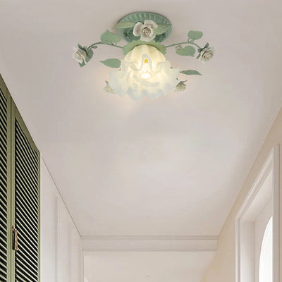 Luz de techo empotrada de 1 luz con pantalla de vidrio cerámico de hierro con hoja de campanilla francesa tradicional para sala de estar 