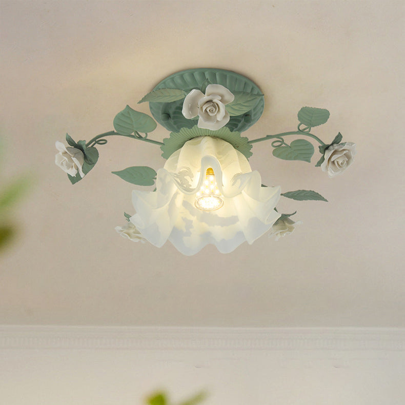 Luz de techo empotrada de 1 luz con pantalla de vidrio cerámico de hierro con hoja de campanilla francesa tradicional para sala de estar 