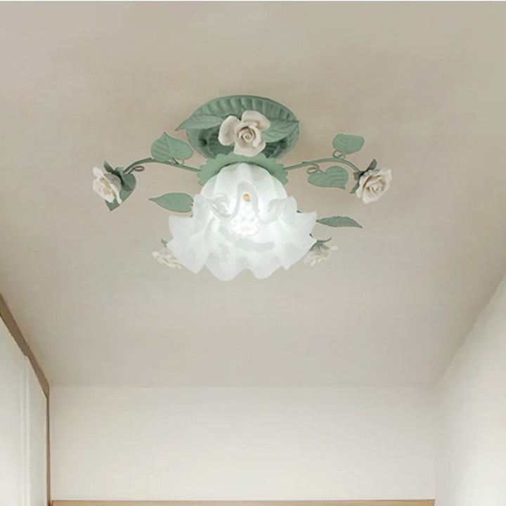 Traditional French Bellflower Leaf Iron Ceramic Glass Shade 1-Light Semi-Flush Mount Ceiling Light For Living Room