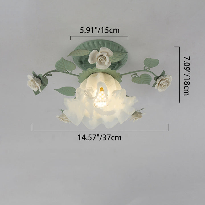 Lustre semi-encastré à une lumière avec abat-jour en verre céramique et feuille de campanule française traditionnelle en fer pour salon 