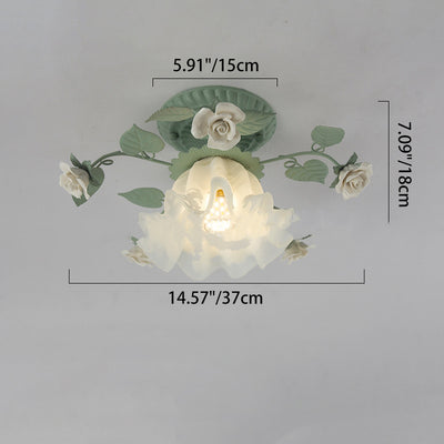 Luz de techo empotrada de 1 luz con pantalla de vidrio cerámico de hierro con hoja de campanilla francesa tradicional para sala de estar 