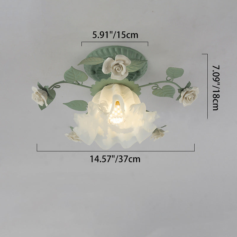 Luz de techo empotrada de 1 luz con pantalla de vidrio cerámico de hierro con hoja de campanilla francesa tradicional para sala de estar 