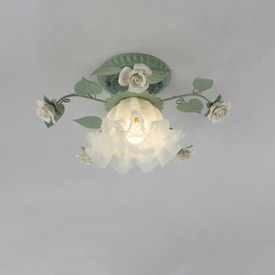 Luz de techo empotrada de 1 luz con pantalla de vidrio cerámico de hierro con hoja de campanilla francesa tradicional para sala de estar 