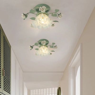 Luz de techo empotrada de 1 luz con pantalla de vidrio cerámico de hierro con hoja de campanilla francesa tradicional para sala de estar 