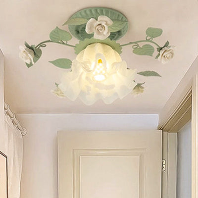 Luz de techo empotrada de 1 luz con pantalla de vidrio cerámico de hierro con hoja de campanilla francesa tradicional para sala de estar 