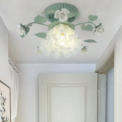 Luz de techo empotrada de 1 luz con pantalla de vidrio cerámico de hierro con hoja de campanilla francesa tradicional para sala de estar 
